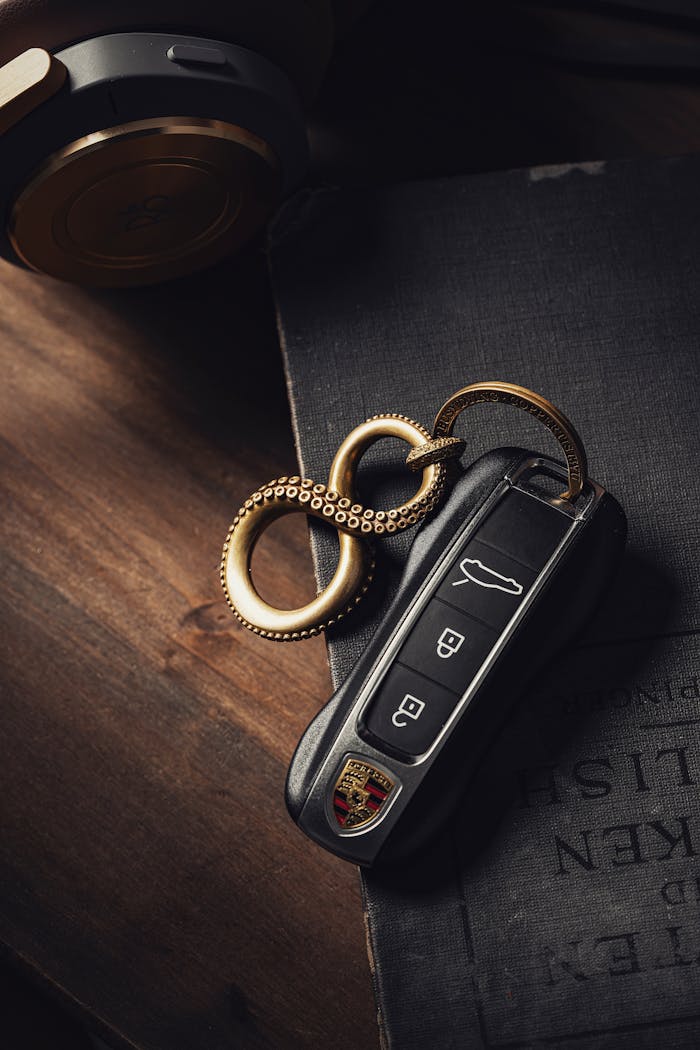 Close-up of a luxury car key with a stylish infinity keychain on a vintage book. Perfect for automotive editorials.